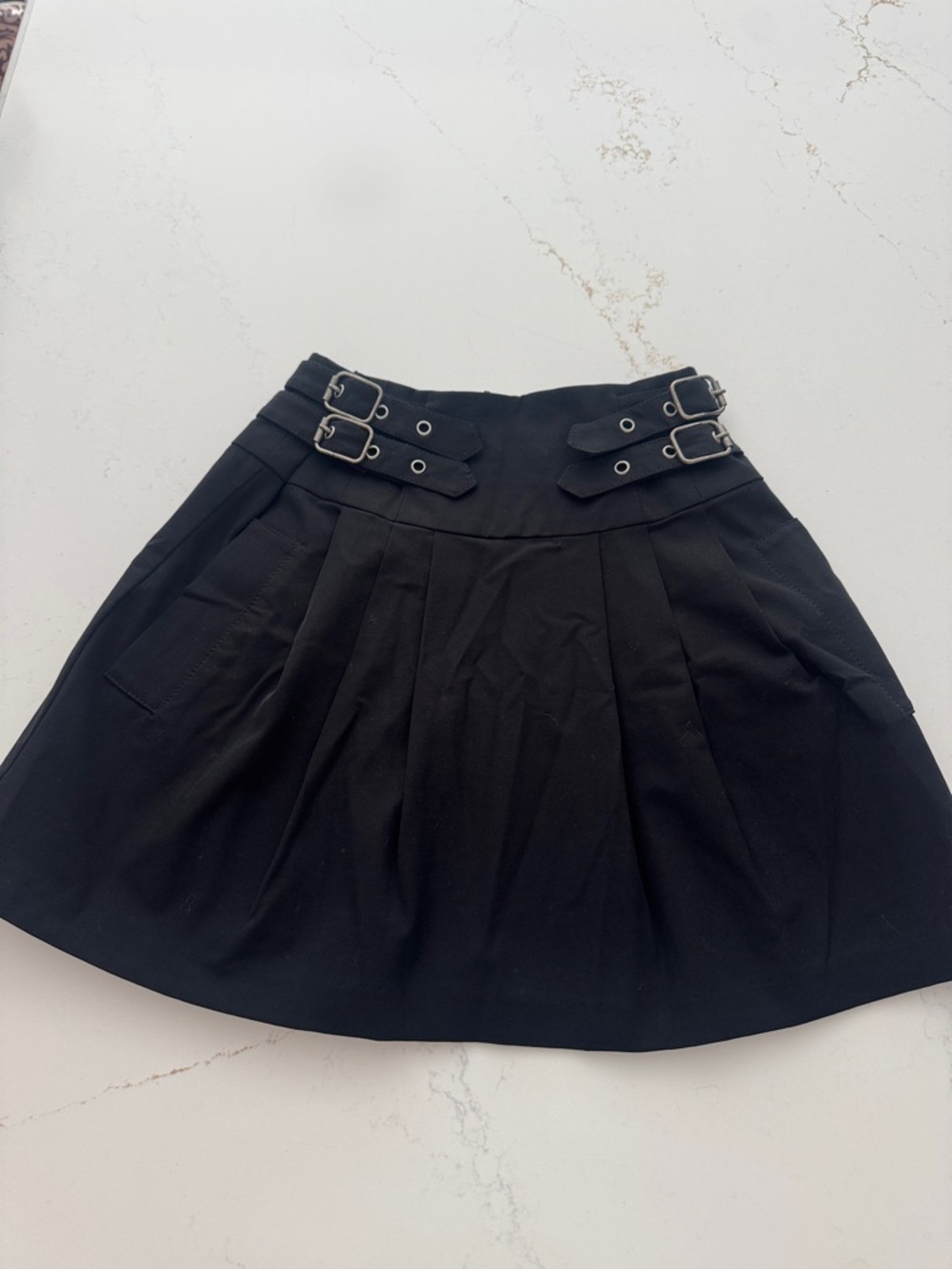 Nanette Lepore Black Pleated Skater Skirt with Double Buckles